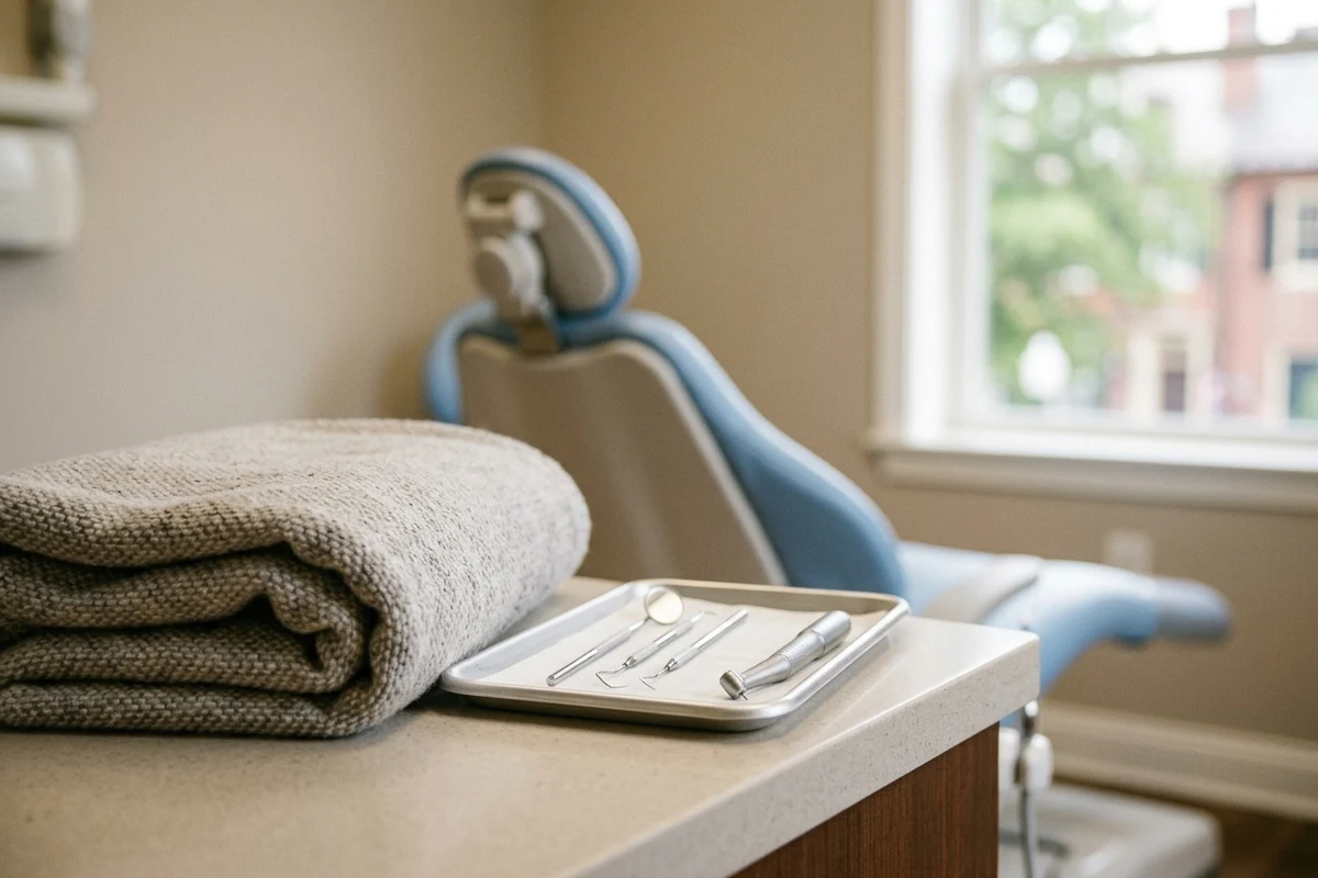 una sala de tratamiento dental tranquila con luz natural suave, un sillón en posición vertical, una manta reconfortante doblada e instrumentos ordenados para el dentista para pacientes ansiosos en Columbia PA