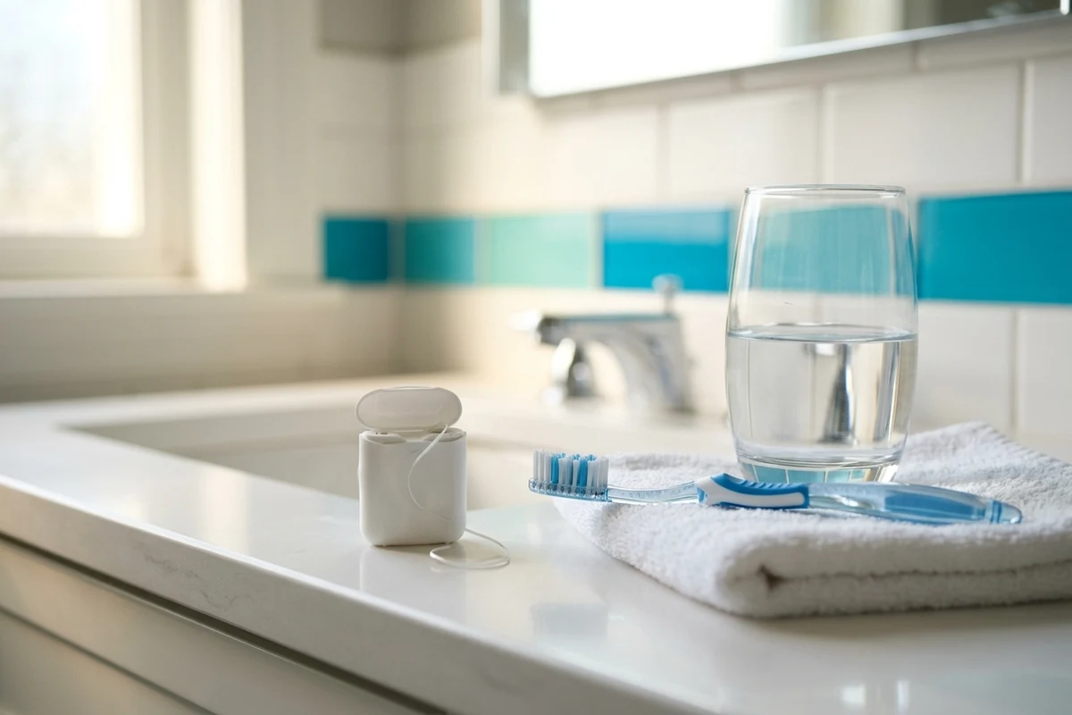 Cepillo de dientes e hilo dental preparados para el cuidado diario en casa