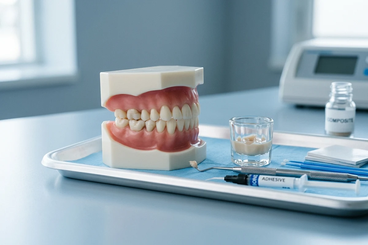 Materiales de restauración de resina compuesta del color del diente y un modelo dental en una bandeja clínica limpia, sin comparación de empastes de metal para un dentista sin mercurio en Columbia, PA.