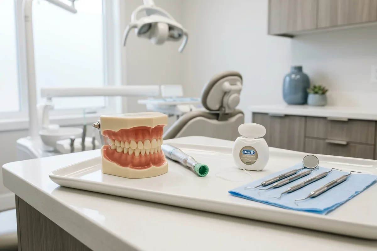 modelo dental y materiales de limpieza dental en un entorno clínico luminoso
