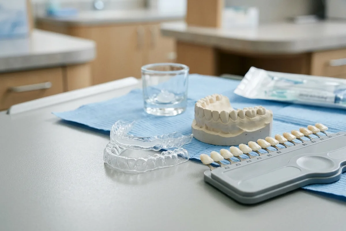 modelo dental y materiales para el blanqueamiento dental en un entorno clínico luminoso