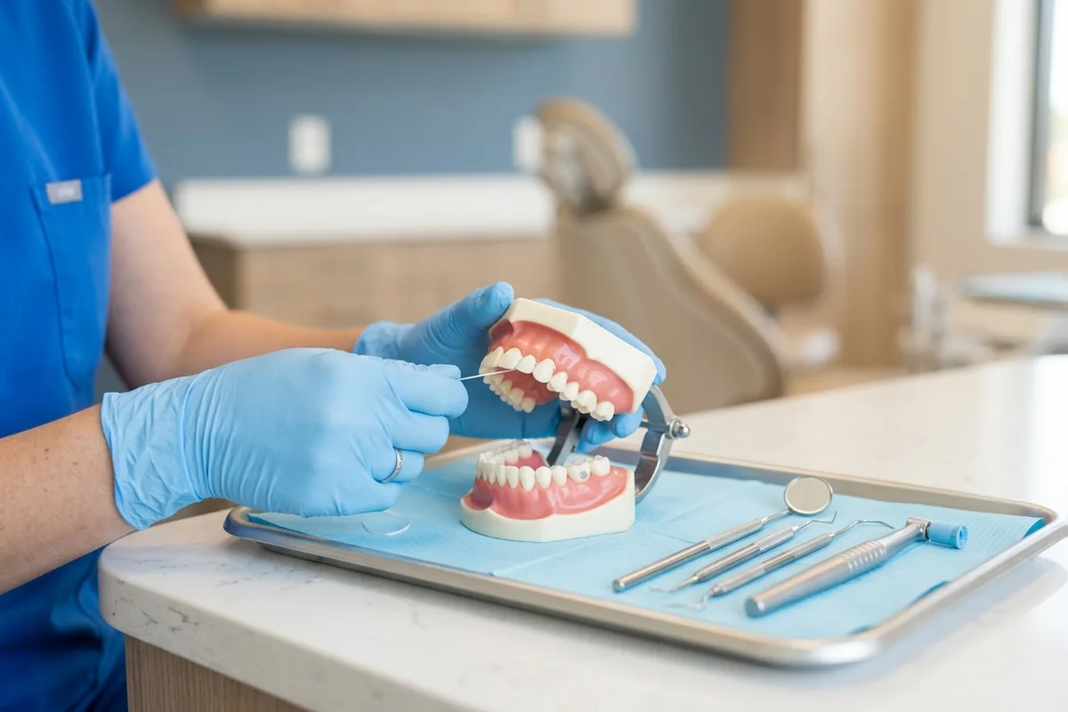 modelo dental de limpieza dental y materiales en un entorno clínico luminoso