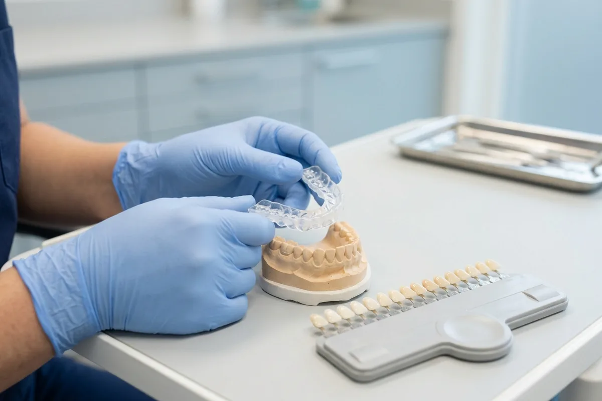 modelo dental y materiales para el blanqueamiento dental en un entorno clínico luminoso