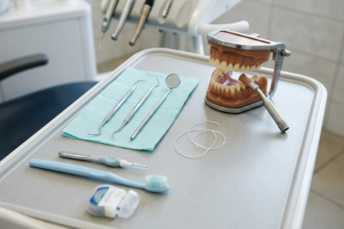 modelo dental de limpieza dental y materiales en un entorno clínico luminoso