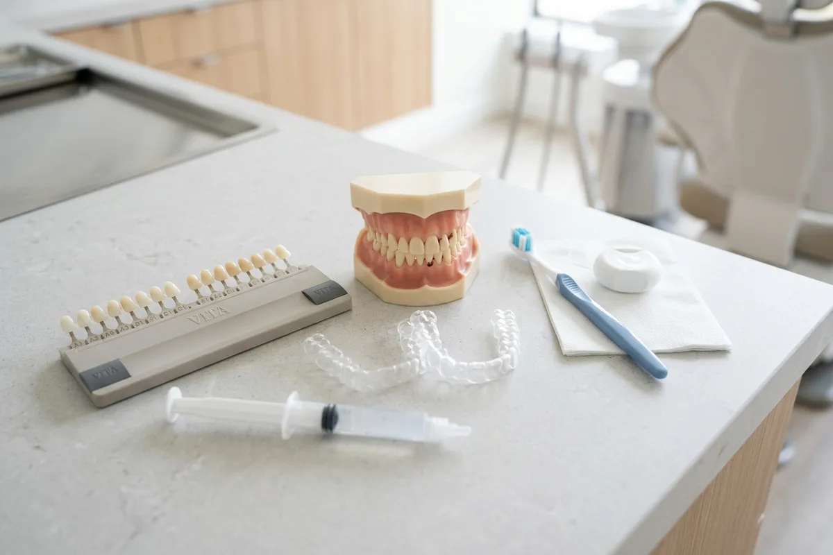 modelo dental y materiales para el blanqueamiento dental en un entorno clínico luminoso