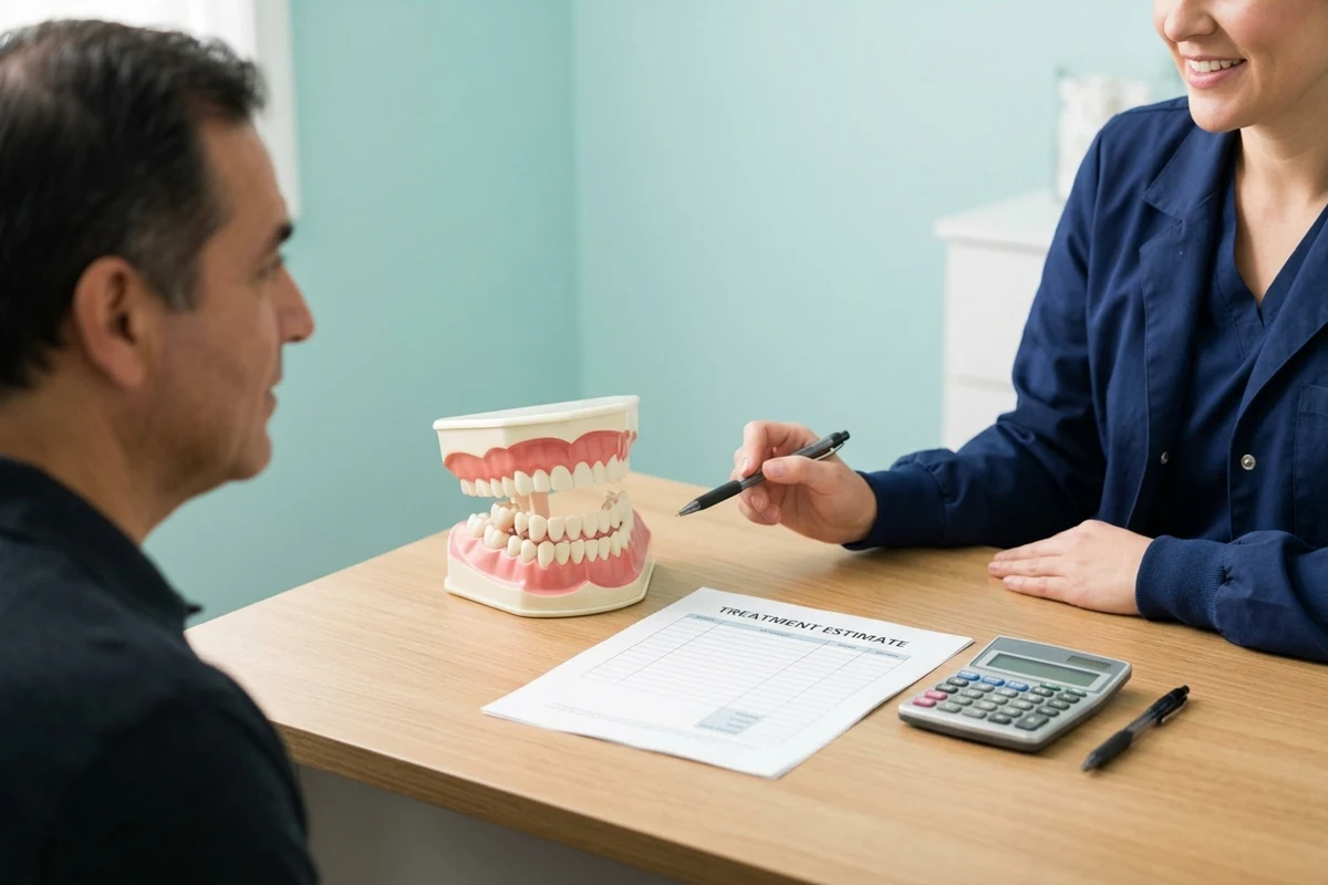 un escritorio de consulta dental con un modelo de diente, una hoja de presupuesto en blanco, una calculadora y un bolígrafo, sin montos monetarios ni texto legible para dentista sin seguro en Columbia, PA