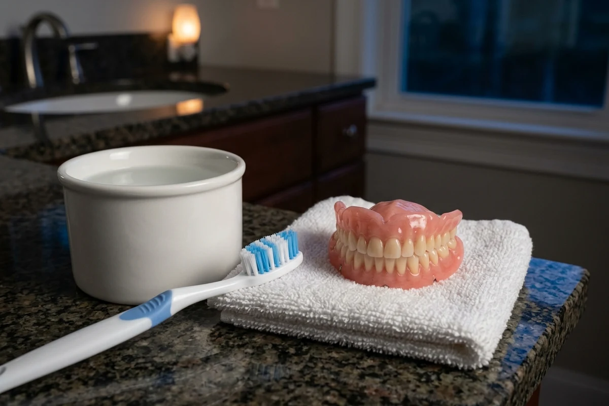 Dentadura removible junto a un recipiente sencillo de remojo por la noche
