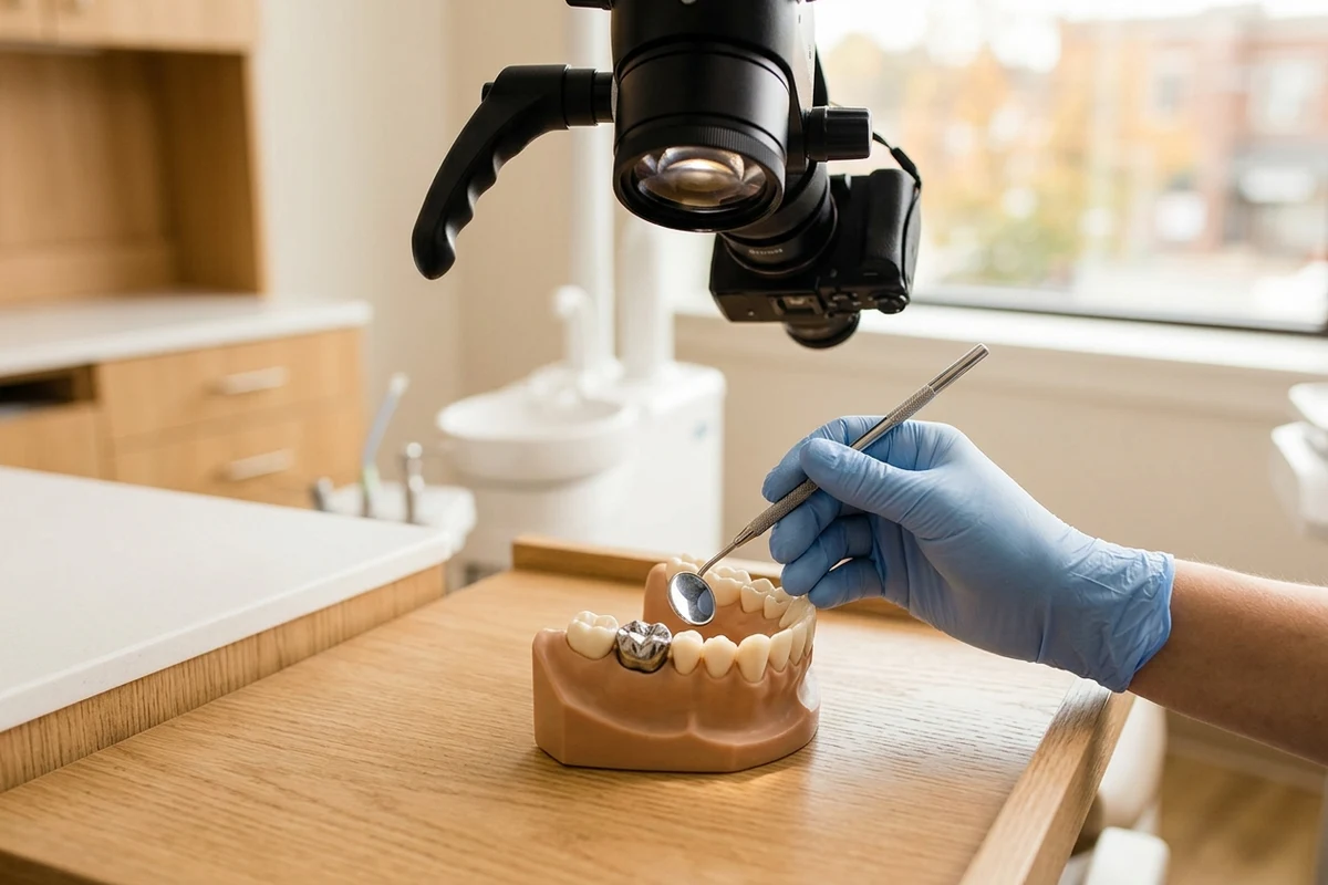 a dental model with an existing silver-colored filling being examined under magnification, non-graphic and without removal in progress for amalgam removal dentist Columbia PA