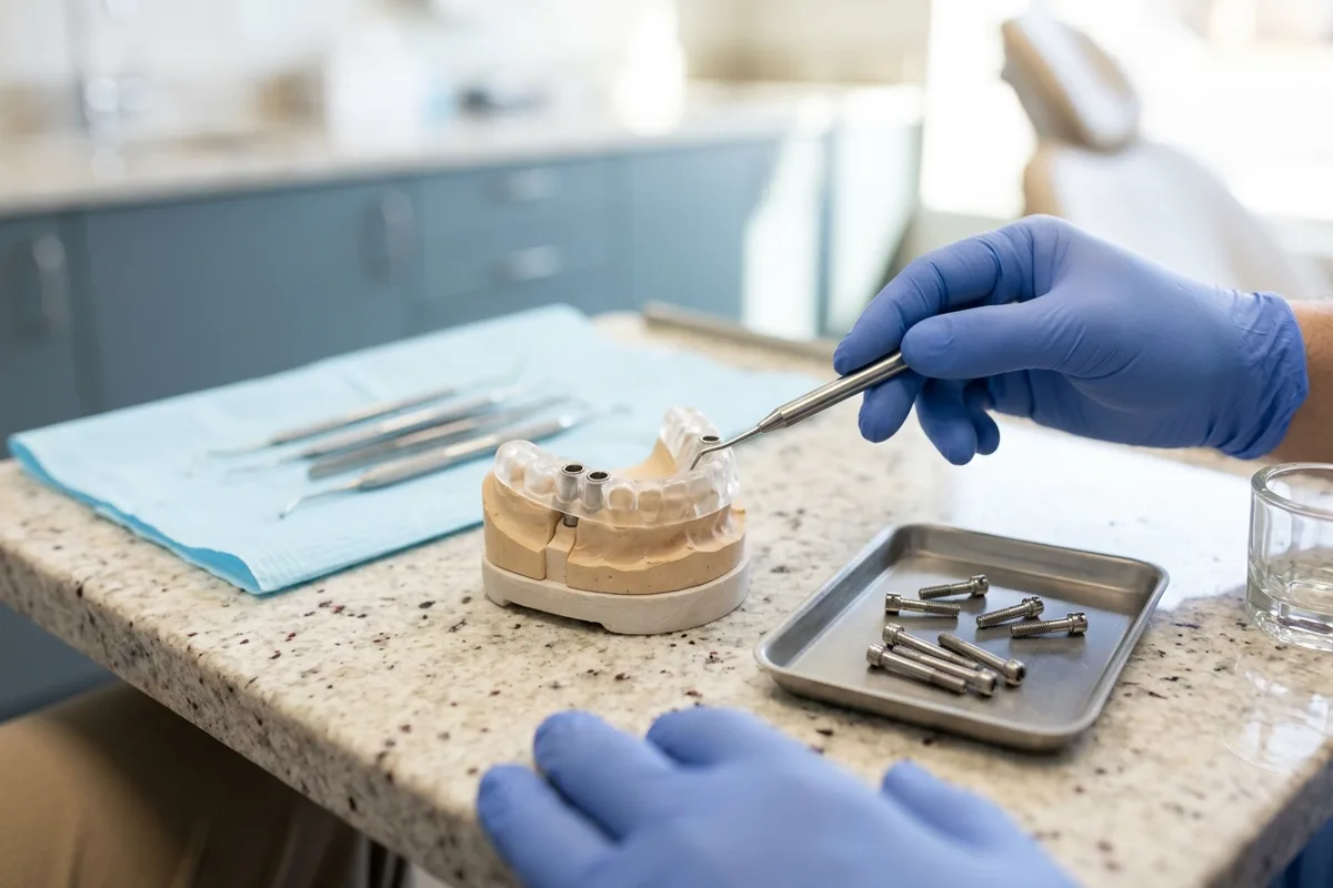 Una guía quirúrgica transparente y un molde dental reposan junto a pilares metálicos en una bandeja clínica.