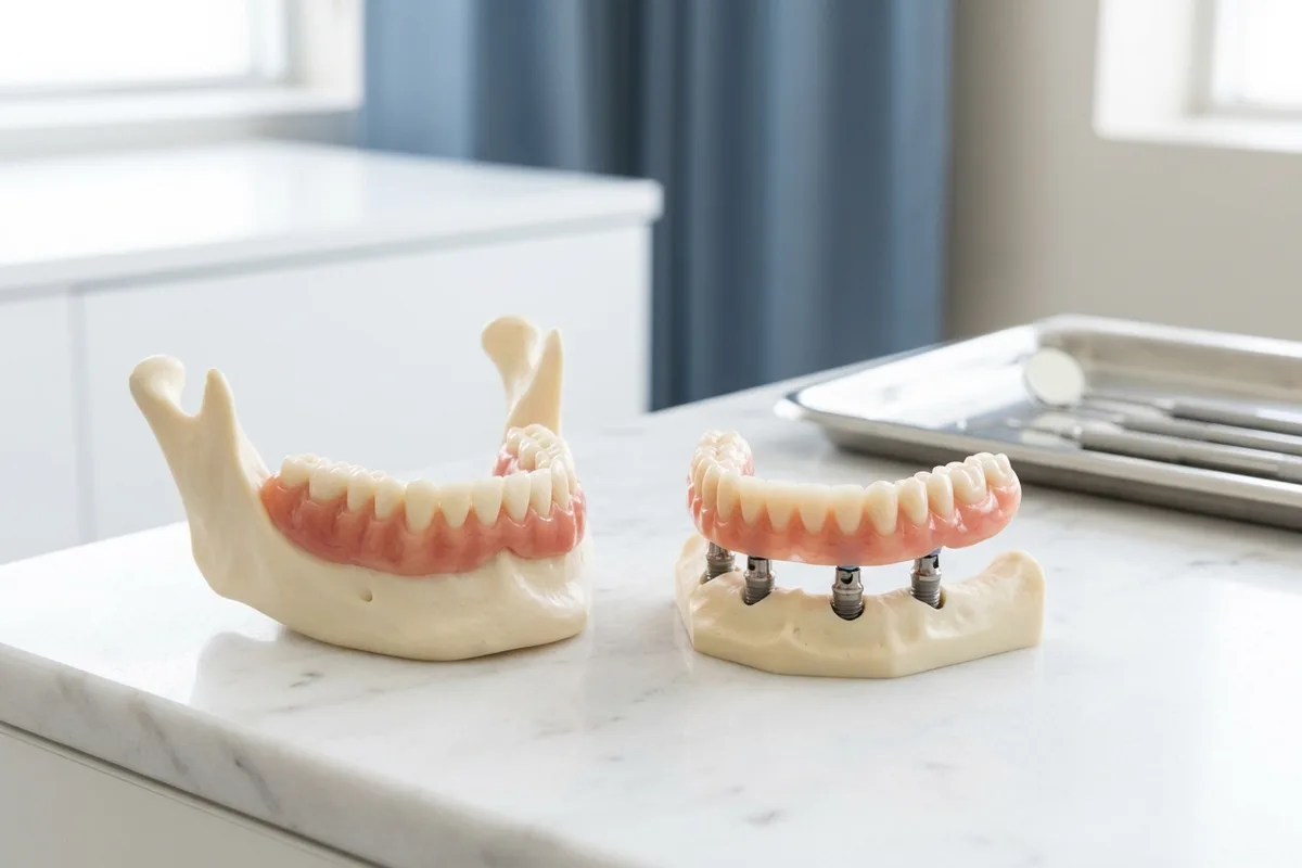 Una prótesis dental de arcada completa descansa junto a un modelo anatómico de mandíbula sobre un mostrador clínico.