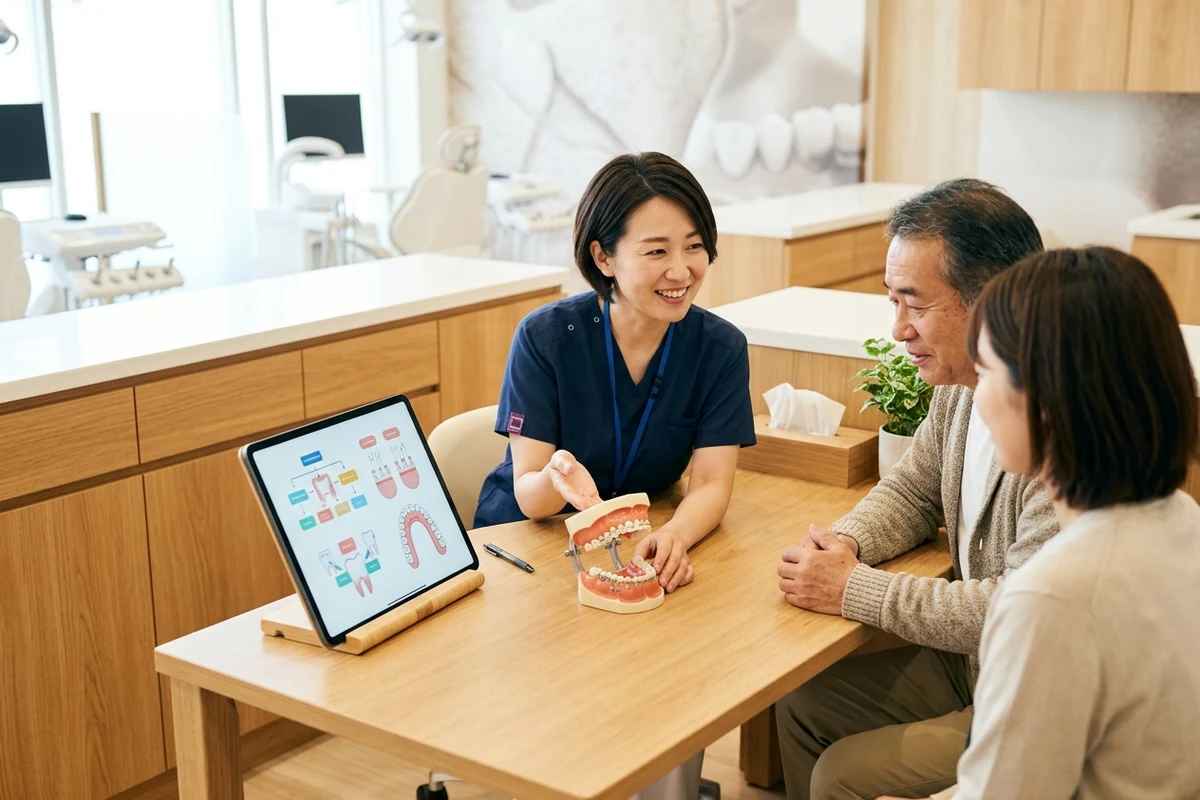un área de consulta dental moderna y acogedora con un modelo anatómico de la boca y diagramas visuales de tratamiento que no contienen texto legible para el dentista que habla mandarín en Lancaster, PA
