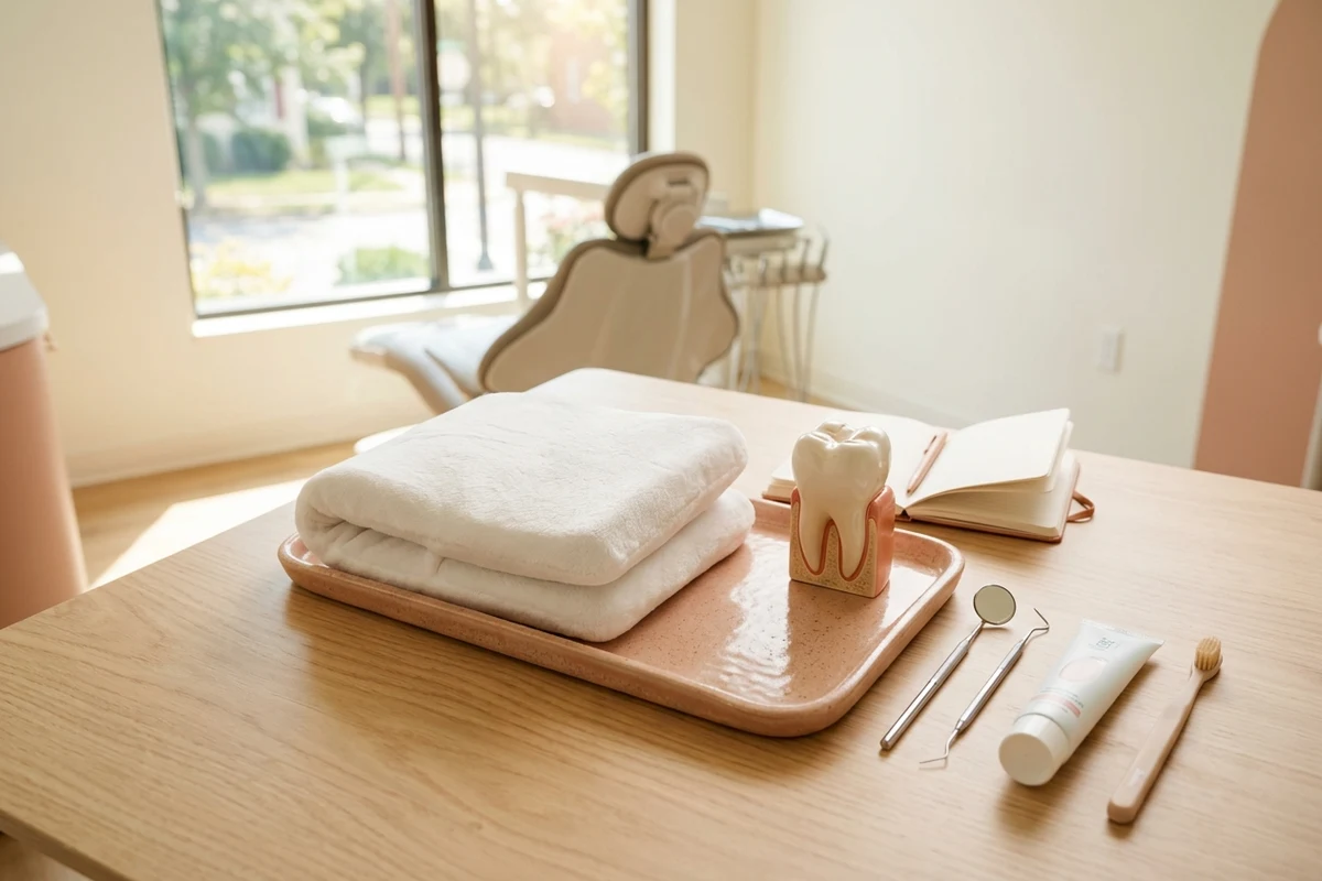 a sunlit dental consultation room prepared for a gentle preventive visit, with a supportive chair cushion and tooth model for dentist during pregnancy Columbia PA