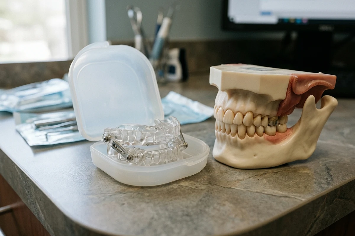 a clinically realistic mandibular advancement oral appliance in an open case beside a jaw model, without branding for sleep apnea dentist Columbia PA