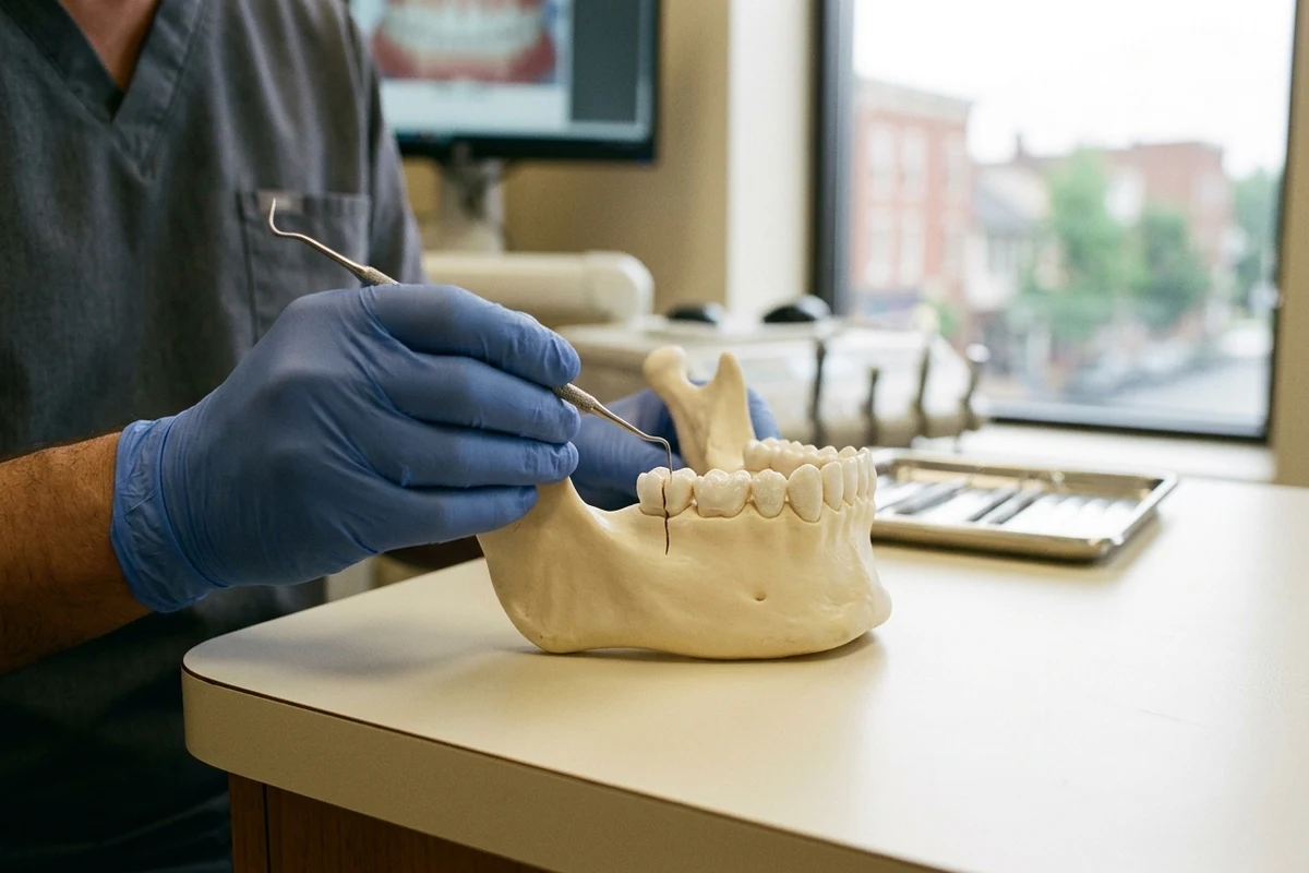 a clinically accurate jaw model with one cracked molar indicated by a dentist's gloved hand, non-graphic and without blood for emergency dentist Columbia PA