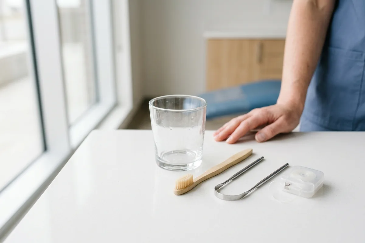 A soft toothbrush, a metal tongue scraper, and dental floss rest on a clinical countertop beside a glass tumbler.