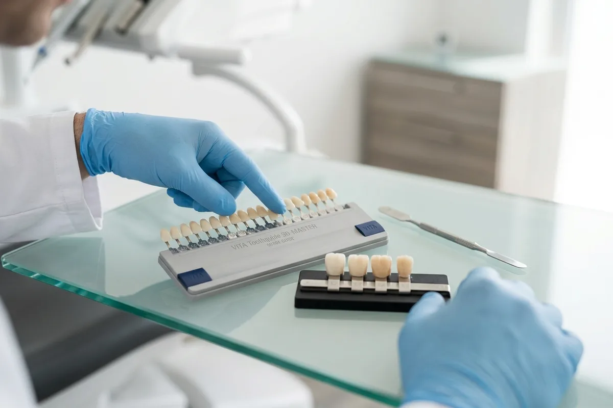 Ceramic crown samples, a dental shade guide, and a steel spatula lie neatly on a sterile glass surface.