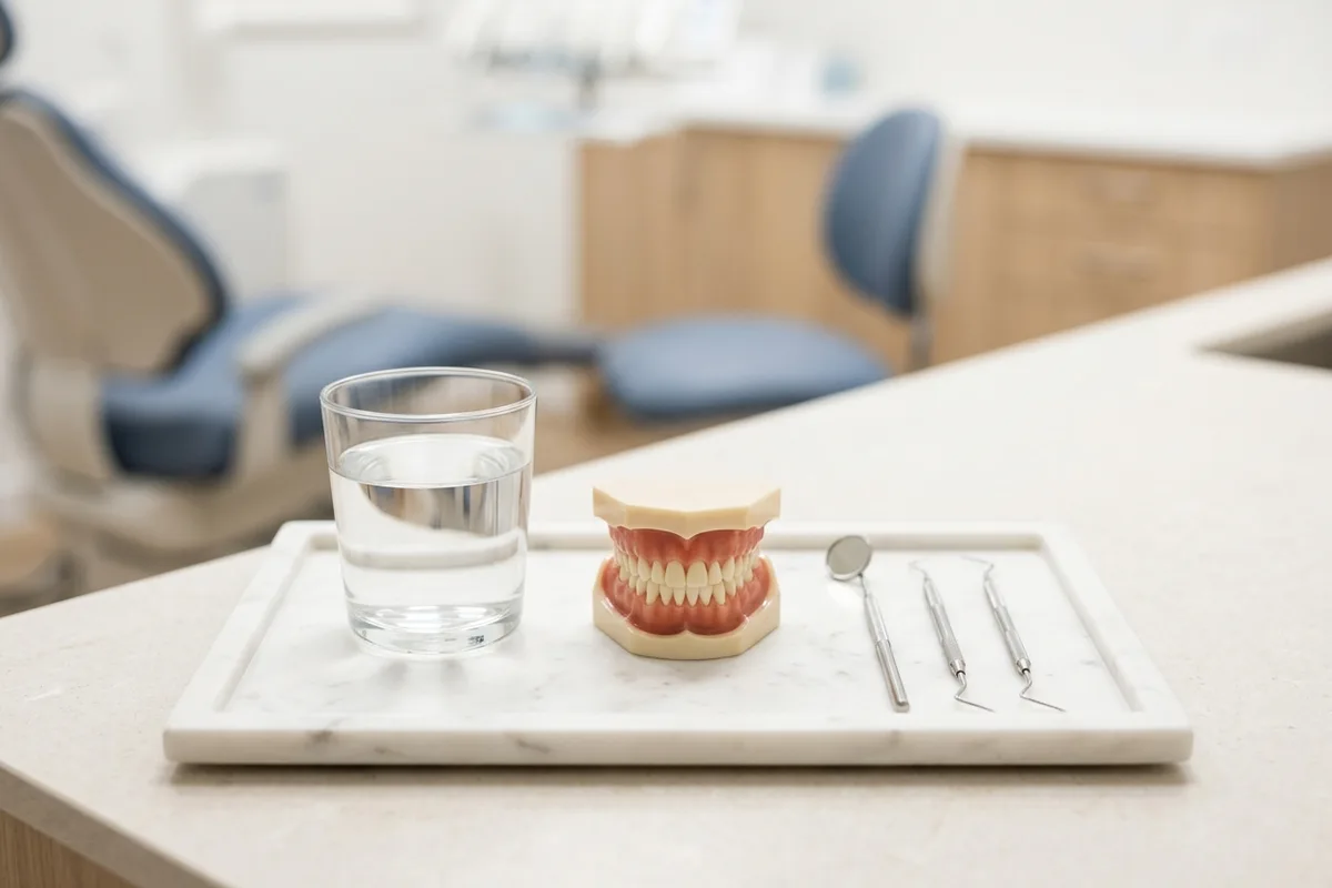 Dental examination tools, an anatomical jaw model, and a glass of water rest on a polished white surface.
