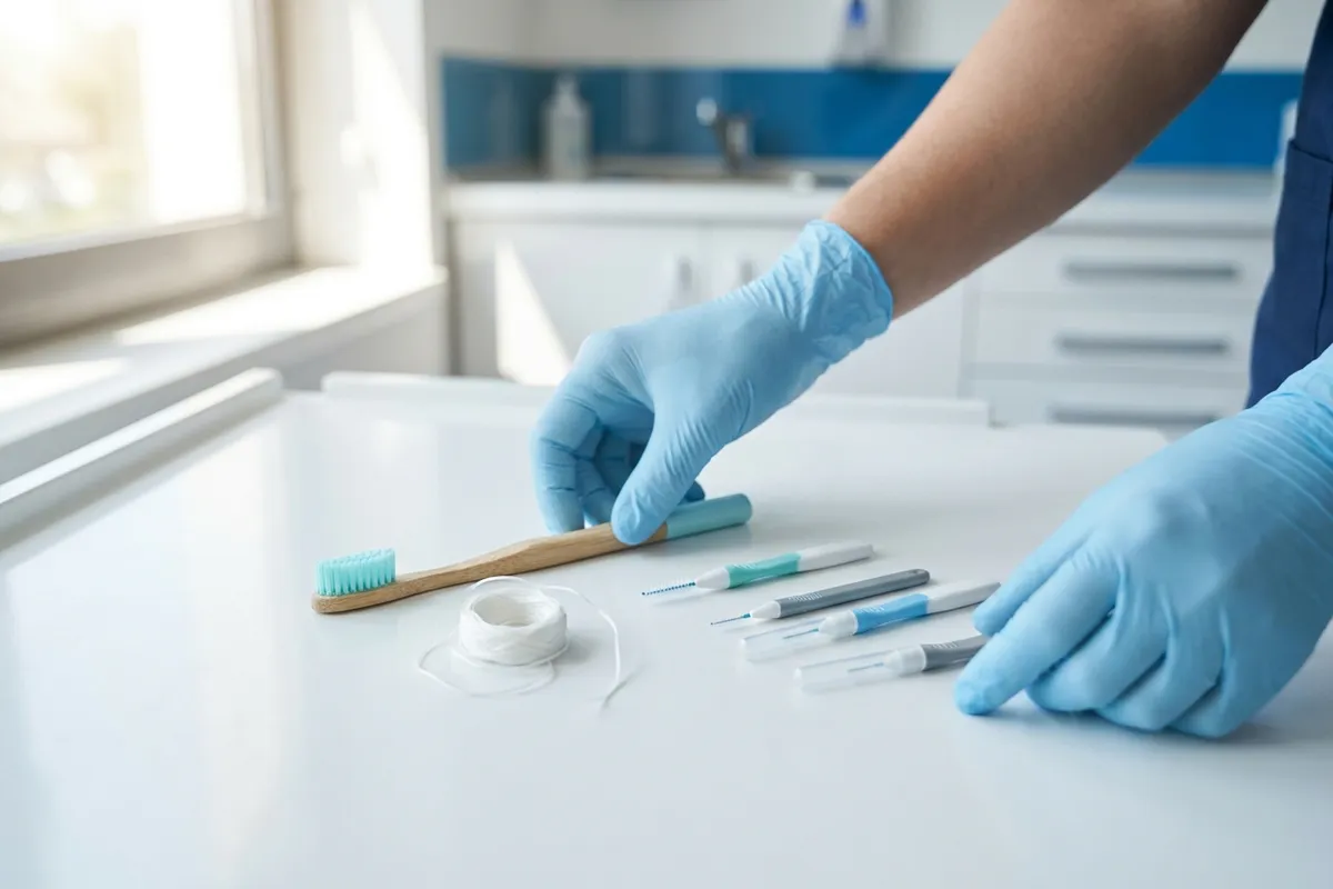 A neat arrangement of home-care dental items, including a soft-bristled toothbrush, unspooled floss, and interdental brushes, rests on a bright clinical counter
