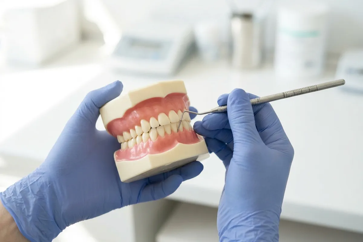 Gloved hands gently hold a periodontal probe with millimeter markings next to a pristine dental model, illustrating the gum measurement process.